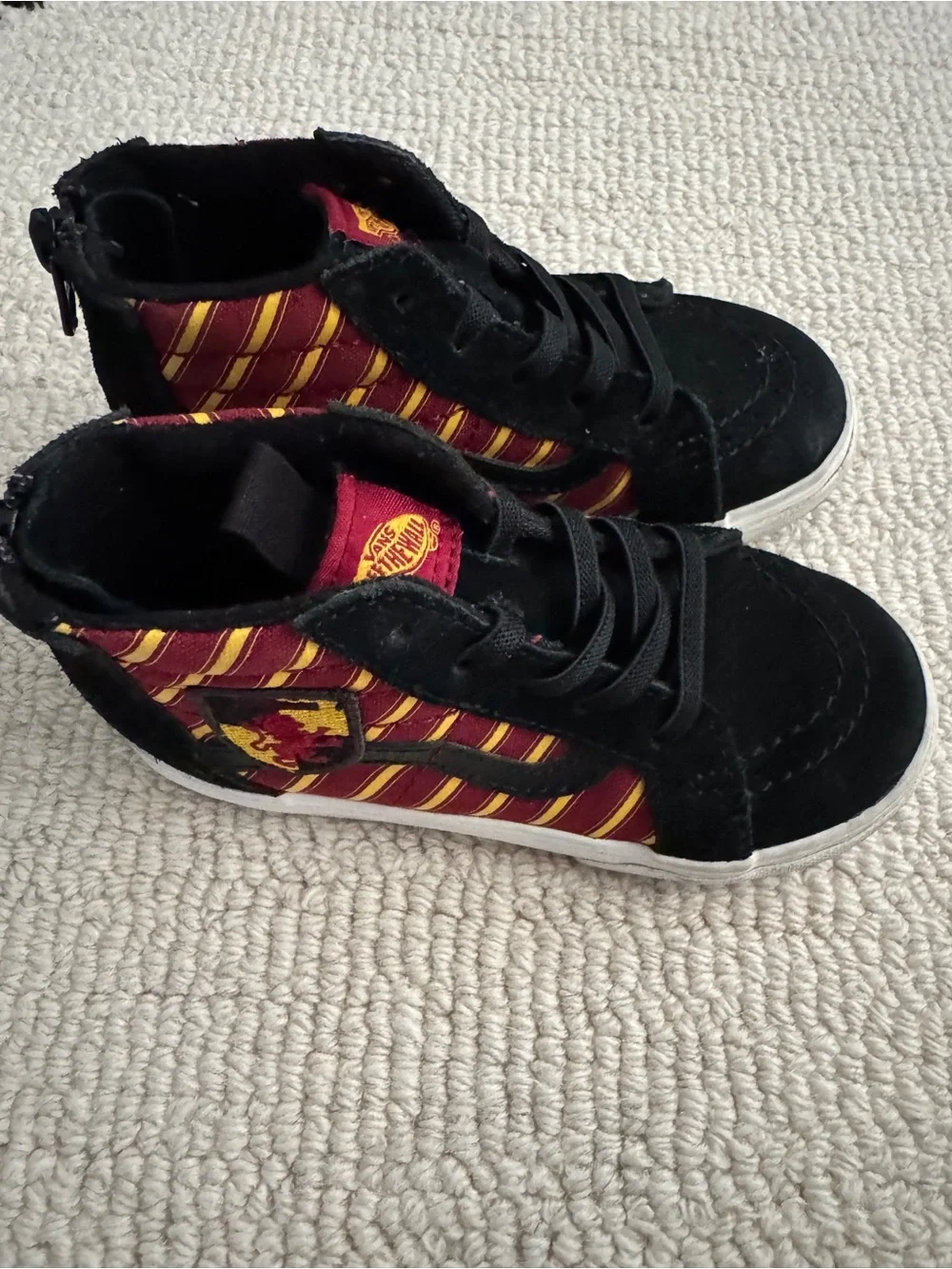 Vans Kids High-Top Sneakers in Black and Burgundy with Yellow Stripes and Crest